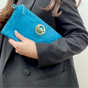 Michael Kors Fulton large zip top leather clutch -  turquoise